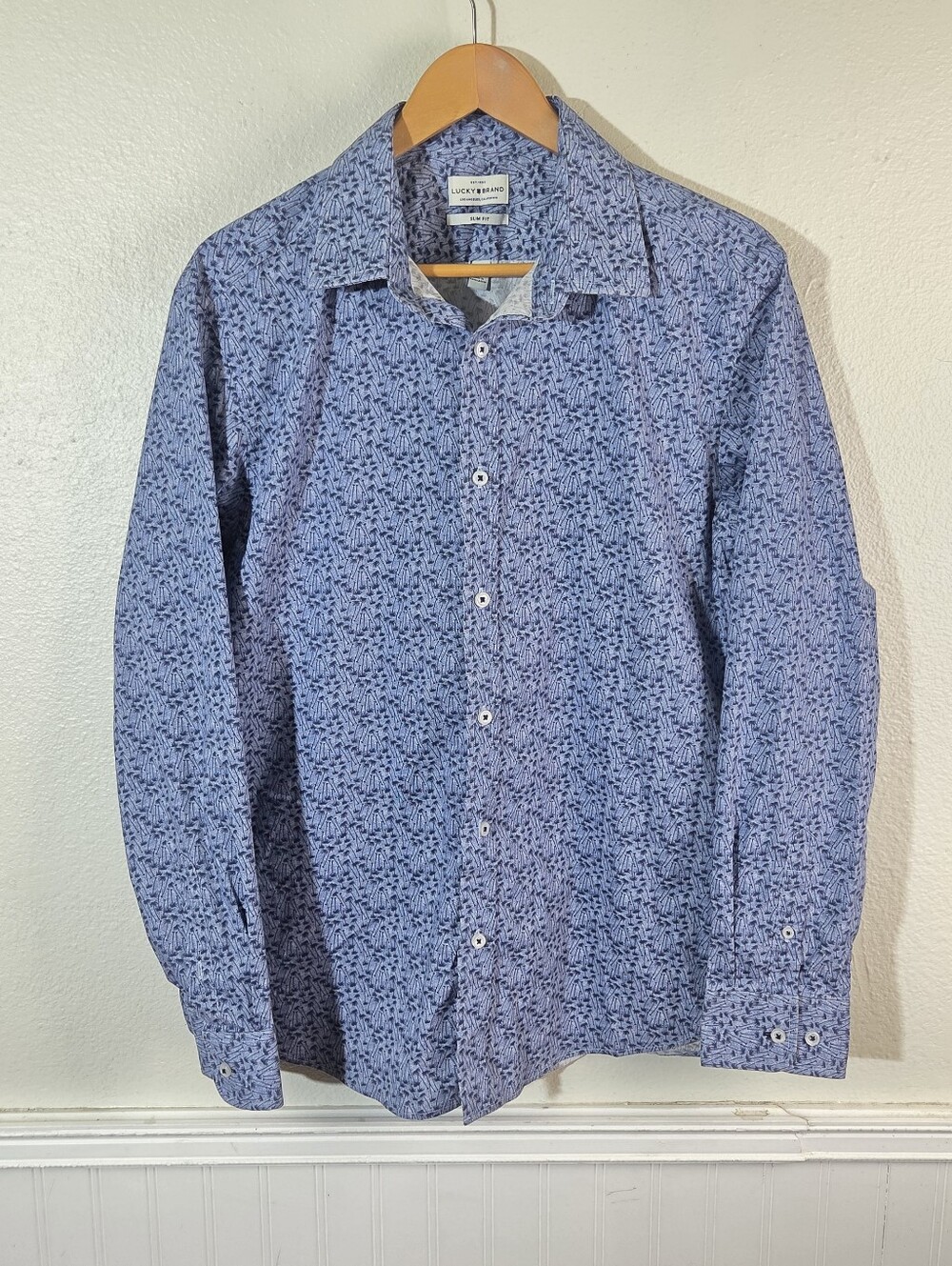 Lucky Brand Men's L Slim Fit Blue Palm Tree Print Button Up Shirt